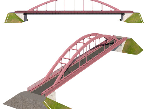 Bridge-05 metal arch bridge over a highway with pedestrian areas 3D Model