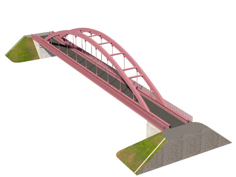 Ponte-05 ponte em arco met&aacute;lico sobre uma rodovia com &aacute;reas de pedestres Modelo 3D