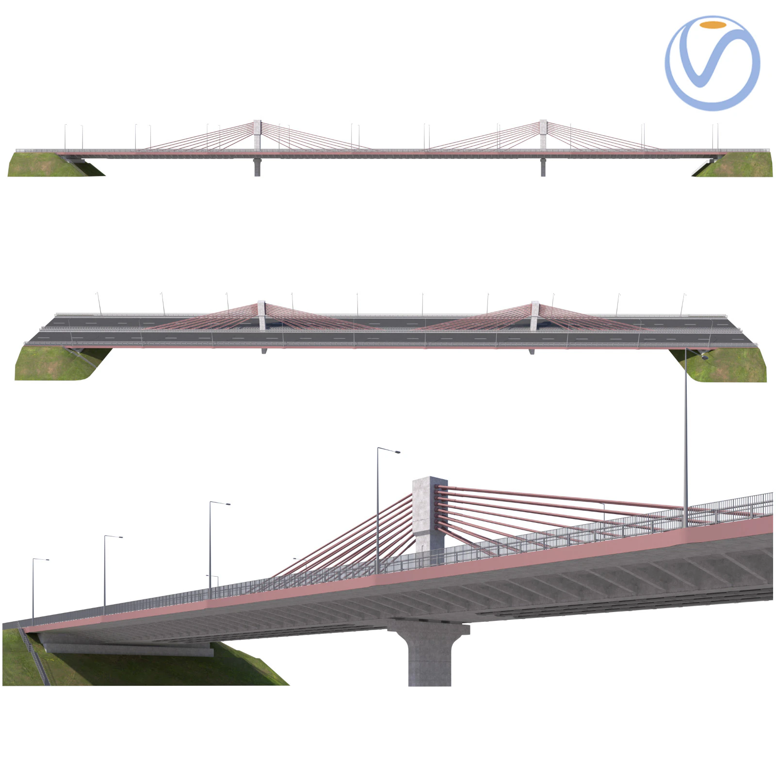 Bridge span with a suspension structure and one supporting column over a main road 3D Print Model .c4d .max .obj .3ds .fbx .stl .blend 
