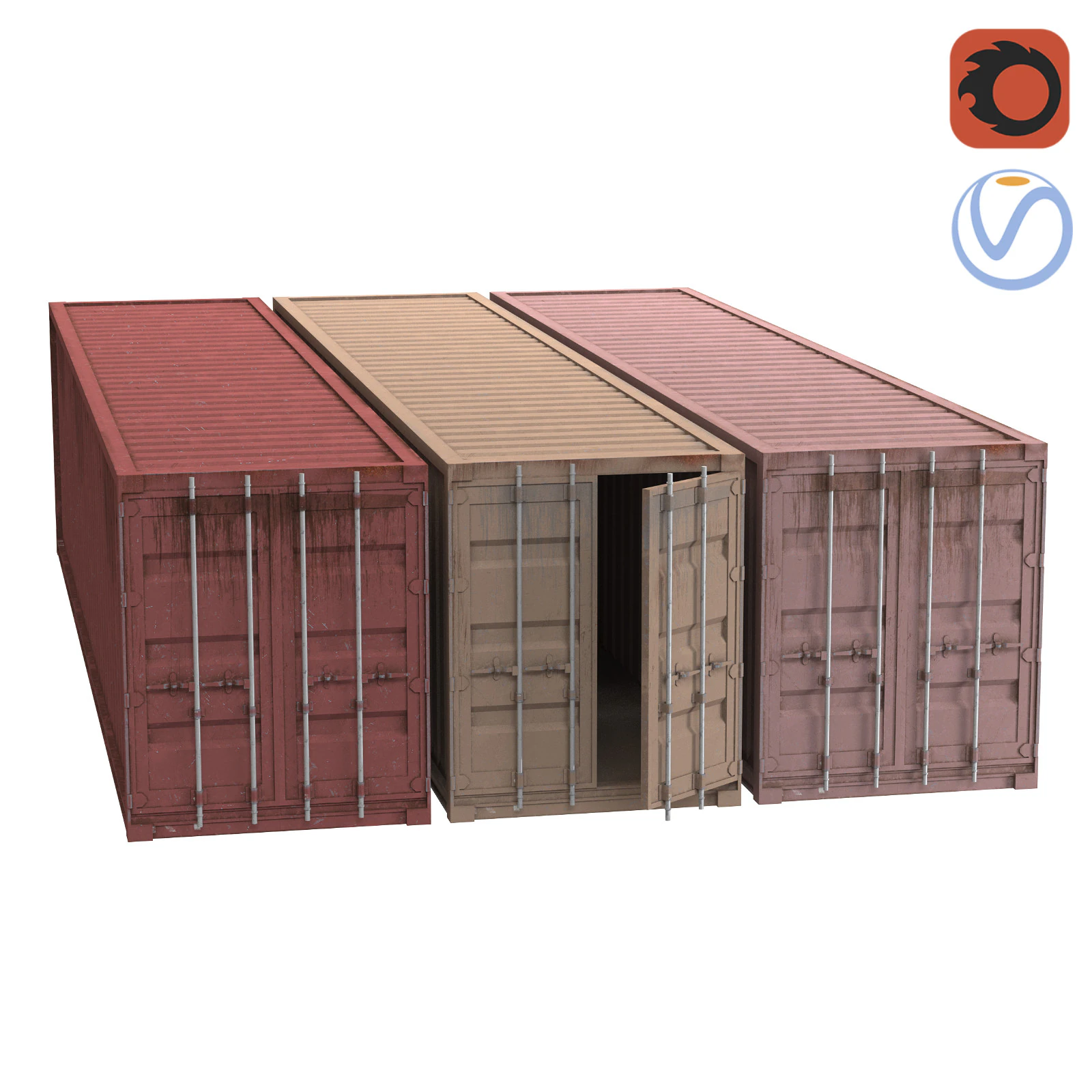 Set of 3 Shipping Container long version 3D Model .c4d .max .obj .3ds .fbx .stl .blend
