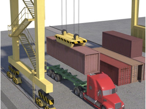 Location scene Crane load container to truck 3D 모델
