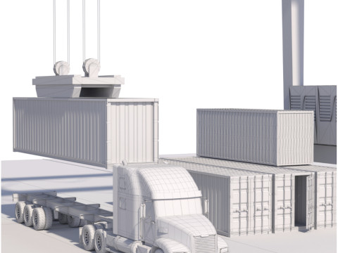Location scene Crane load container to truck 3D 모델
