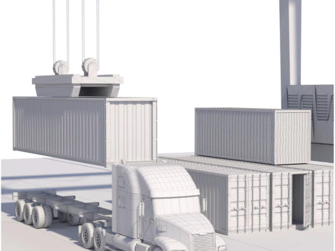 Location scene Crane load container to truck 3D Model