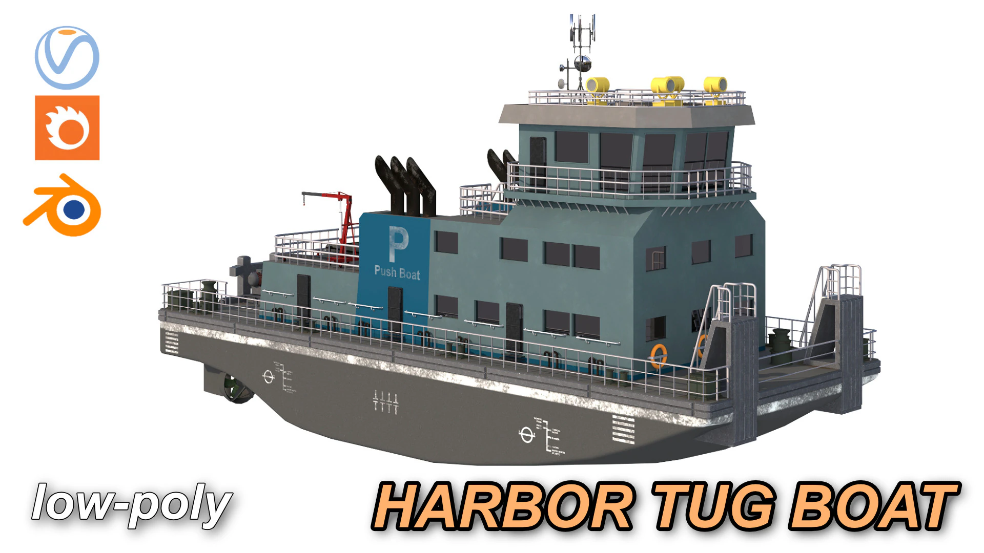 Harbor Tug boat long 3D Model .c4d .max .obj .3ds .fbx .stl .blend 