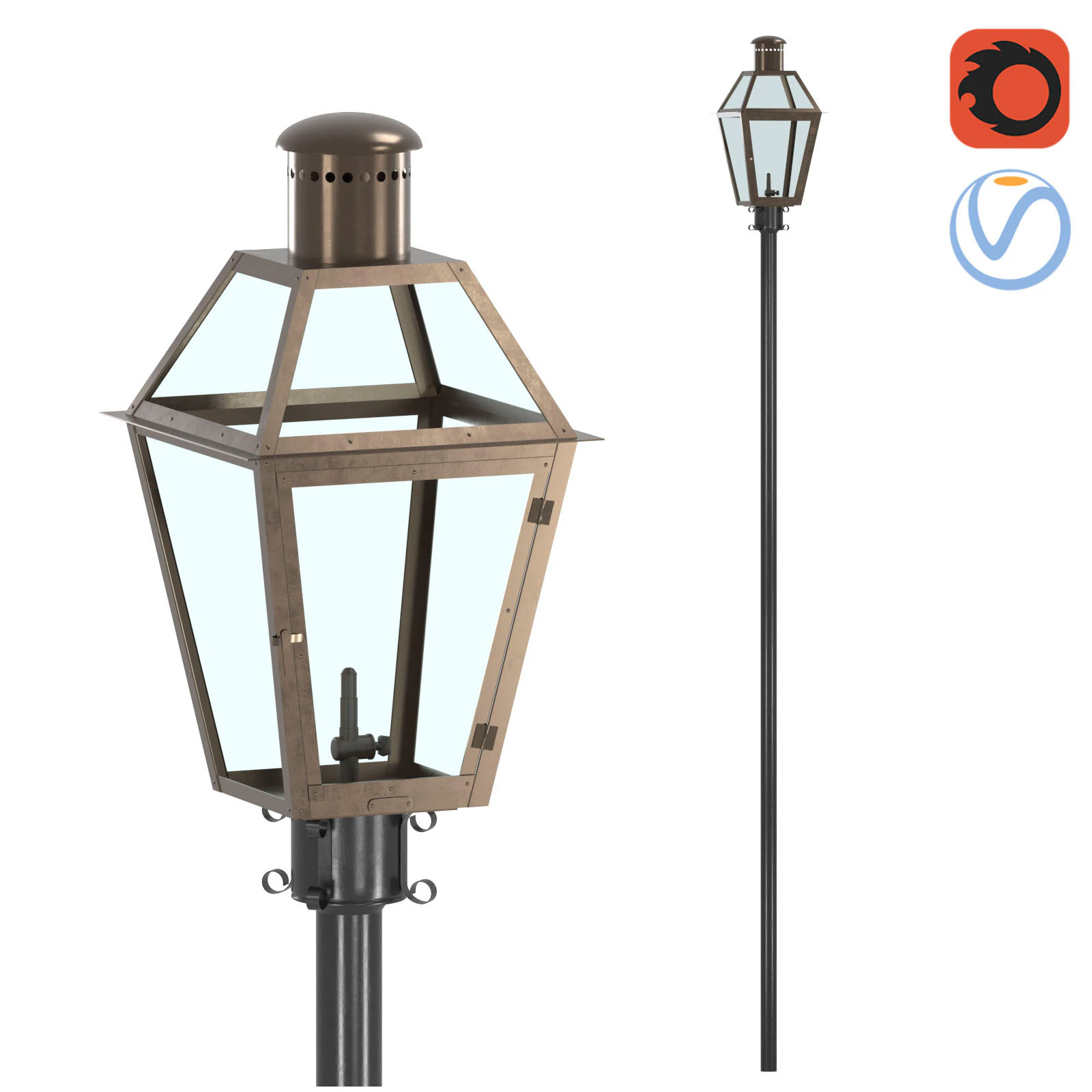 French Quarter Post Mount Gas Lantern 3D Model .c4d .max .obj .3ds .fbx .stl .blend 