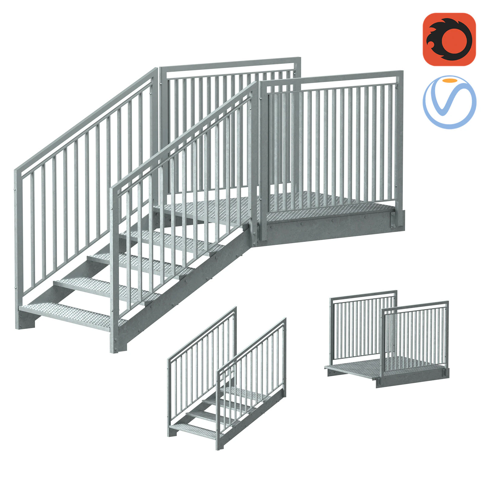 Section of metal stairs 04 3D Model .c4d .max .obj .3ds .fbx .stl .blend 