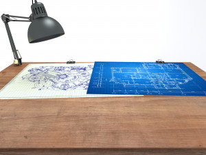 blueprint desk with lamp Modelo 3D