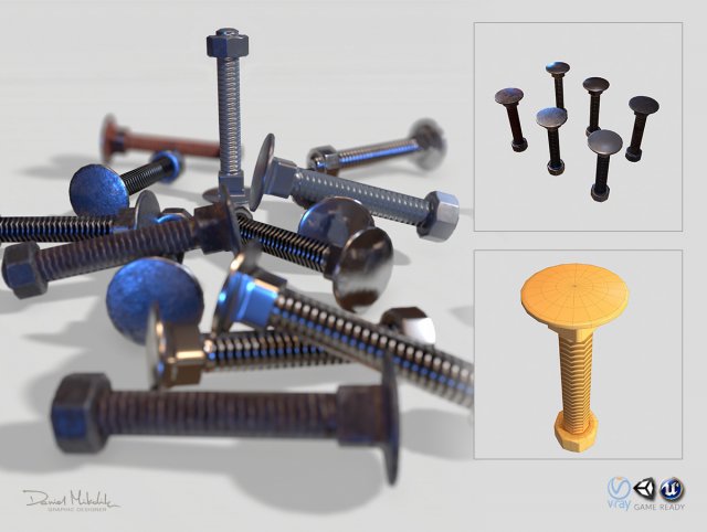 flat head bolt nut pbr 6 pack 3D Модель .c4d .max .obj .3ds .fbx .stl .blend