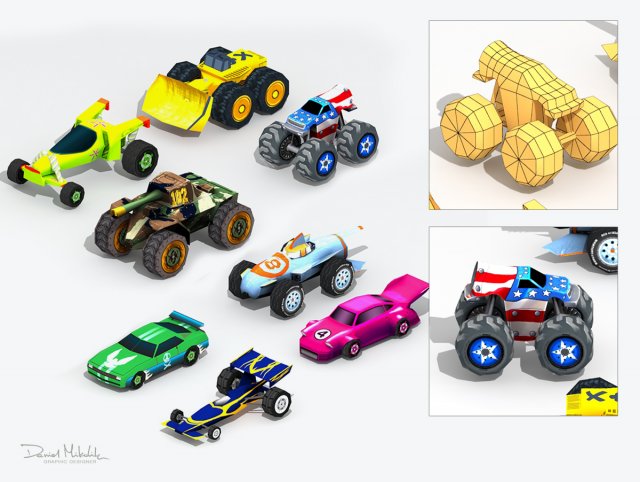 low poly cartoon cars toys 3D Model .c4d .max .obj .3ds .fbx .stl .blend 