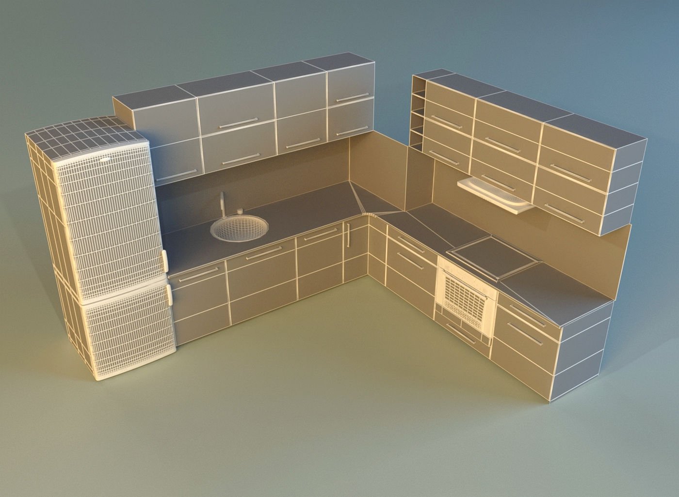 3d models kitchen. Угловая кухня 3д модель.