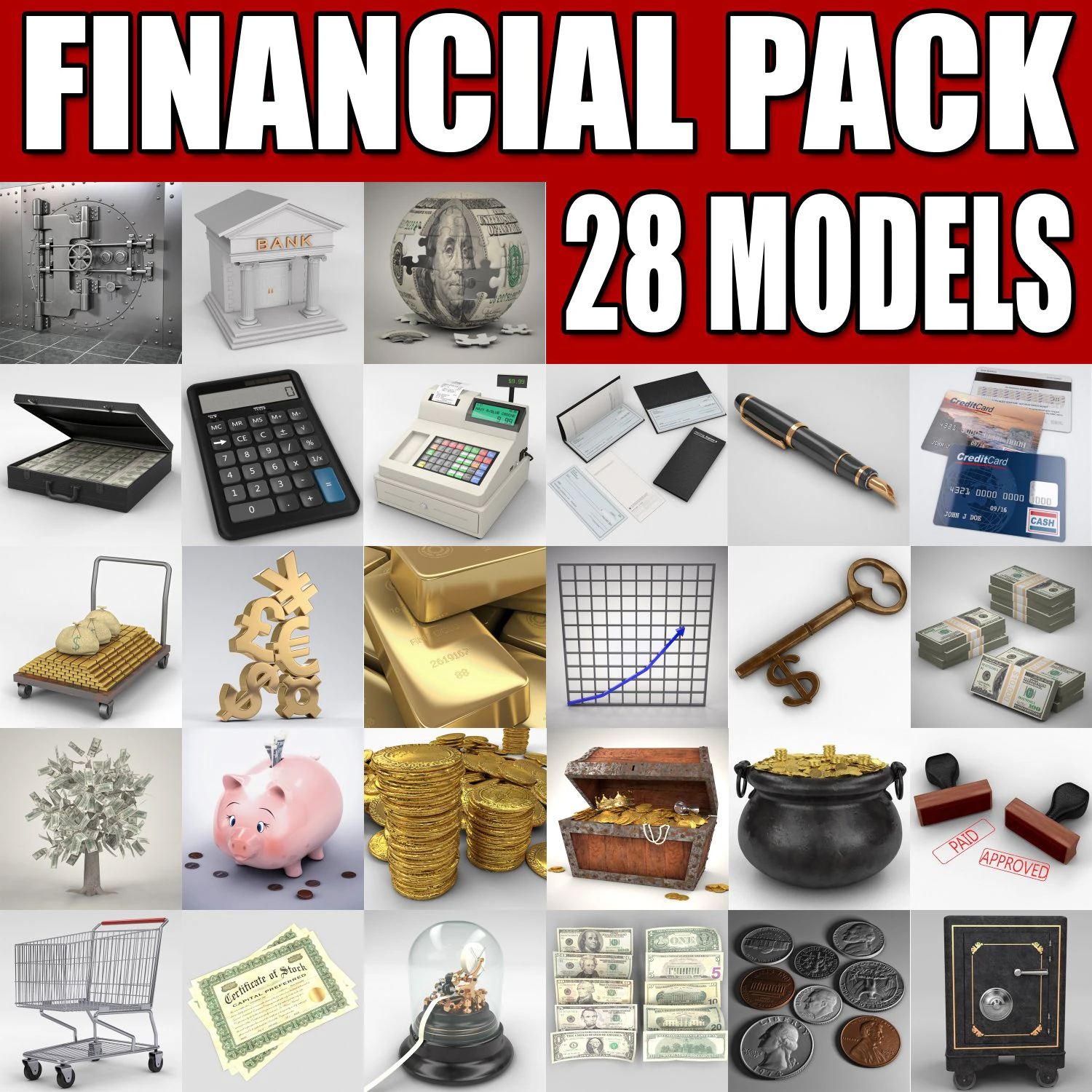 financial collection 3D Model .c4d .max .obj .3ds .fbx .stl .blend 