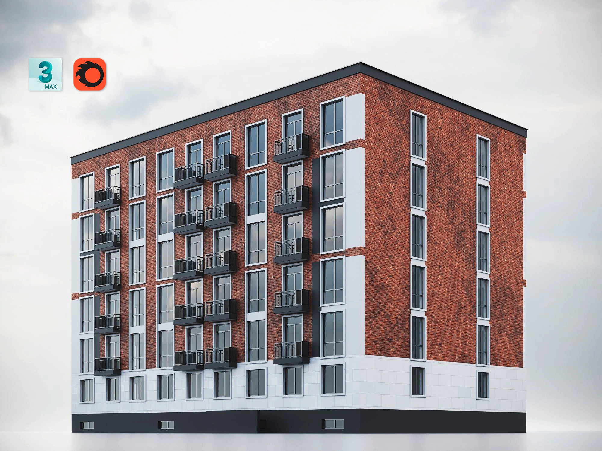 Brick Residential Building 012 3D Model .c4d .max .obj .3ds .fbx .stl .blend 