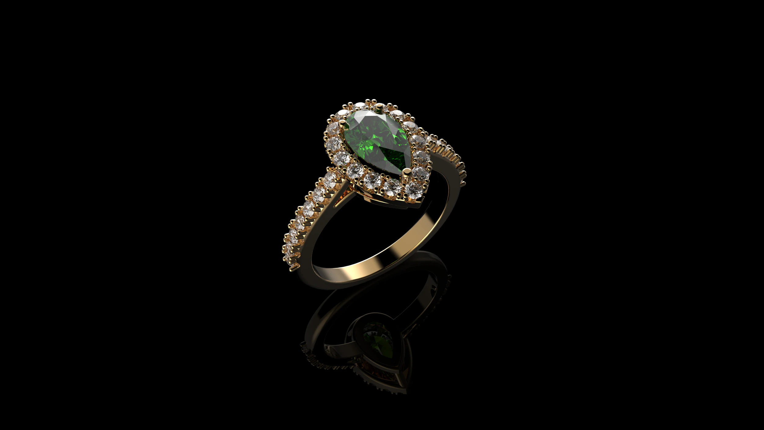 18K Yellow Gold Emerald Pear and Diamond Ring 3D Print Model .c4d .max .obj .3ds .fbx .stl .blend 
