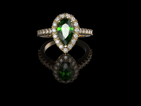 18K Yellow Gold Emerald Pear and Diamond Ring 3D Print Model