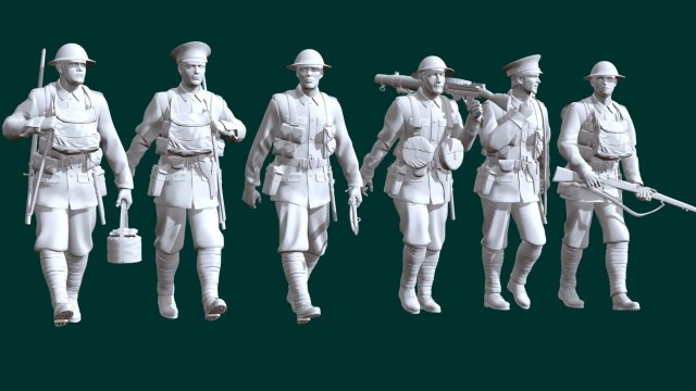 British ww2 soldiers x6 3Dプリントモデル .c4d .max .obj .3ds .fbx .stl .blend 