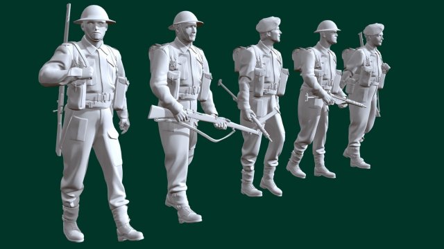 British ww2 soldiers x5 3Dプリントモデル .c4d .max .obj .3ds .fbx .stl .blend 