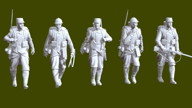 French ww2 walking soldiers x5 Modello di stampa 3D .c4d .max .obj .3ds .fbx .stl .blend 