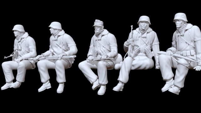 German ww2 seated soldiers x5 3D-printmodel .c4d .max .obj .3ds .fbx .stl .blend 