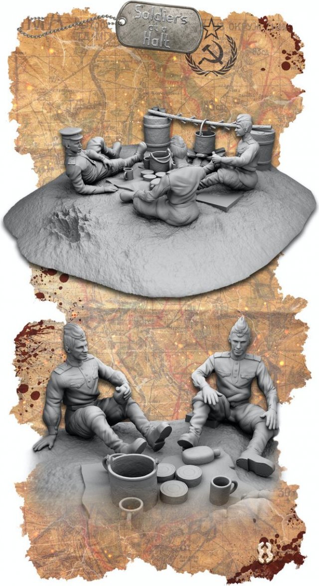 World War II Soldiers at a Halt 3Dプリントモデル .c4d .max .obj .3ds .fbx .stl .blend 