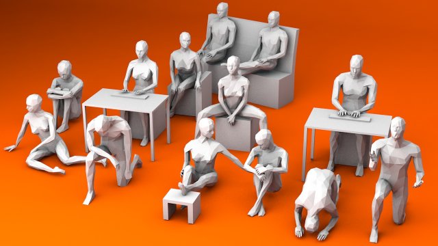 10 sitting and 3 kneeing people minimalist low-poly Model 3D .c4d .max .obj .3ds .fbx .stl .blend 