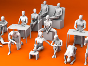 10 sitting and 3 kneeing people minimalist low-poly 3D Model