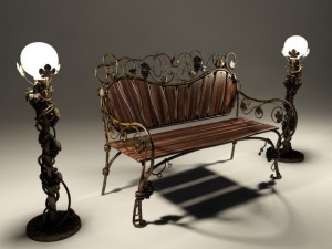 park bench with lamps Model 3D