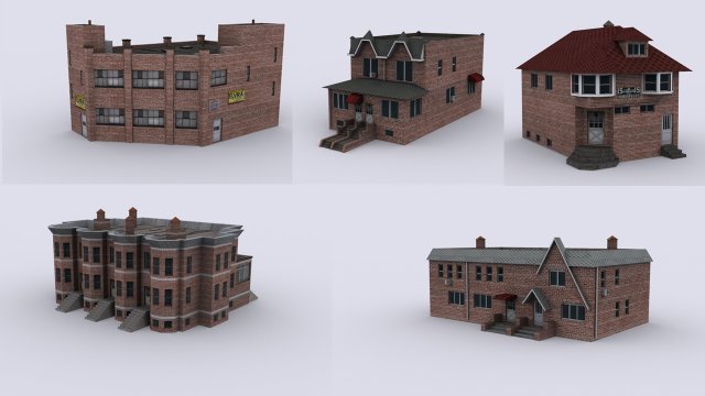 five brick houses Model 3D .c4d .max .obj .3ds .fbx .stl .blend 