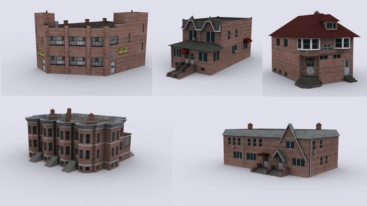 five brick houses 3D Model .c4d .max .obj .3ds .fbx .stl .blend 