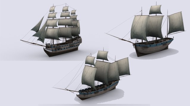 three sailing ship 3D Модель .c4d .max .obj .3ds .fbx .stl .blend 