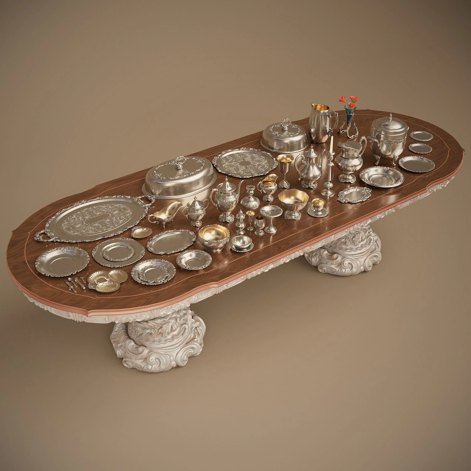 Сервізний набір срібних порожніх посудів midpoly 44 предмета 3D Модель .c4d .max .obj .3ds .fbx .stl .blend