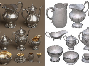midpoly silver holloware service set 44 items 3D Модель