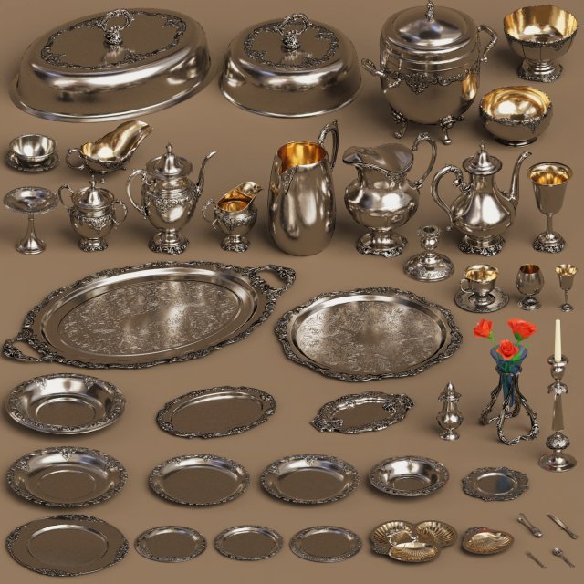 lowpoly silver holloware service set 44 items 3D Модель .c4d .max .obj .3ds .fbx .stl .blend 