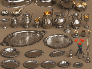 lowpoly silver holloware service set 44 items Model 3D