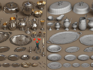 lowpoly silver holloware service set 44 items 3D Модель