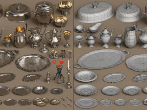 lowpoly silver holloware service set 44 items 3D Model