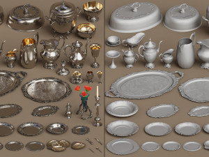 lowpoly silver holloware service set 44 items 3D Модель