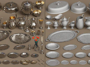 lowpoly silver holloware service set 44 items 3D Model