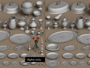 lowpoly silver holloware service set 44 items 3D Модель