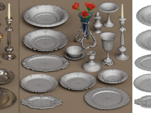 lowpoly silver holloware service set 44 items 3D Модель