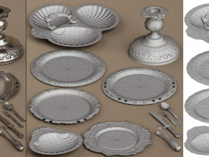 lowpoly silver holloware service set 44 items 3D Модель