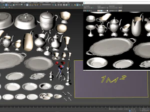 lowpoly silver holloware service set 44 items 3D Model