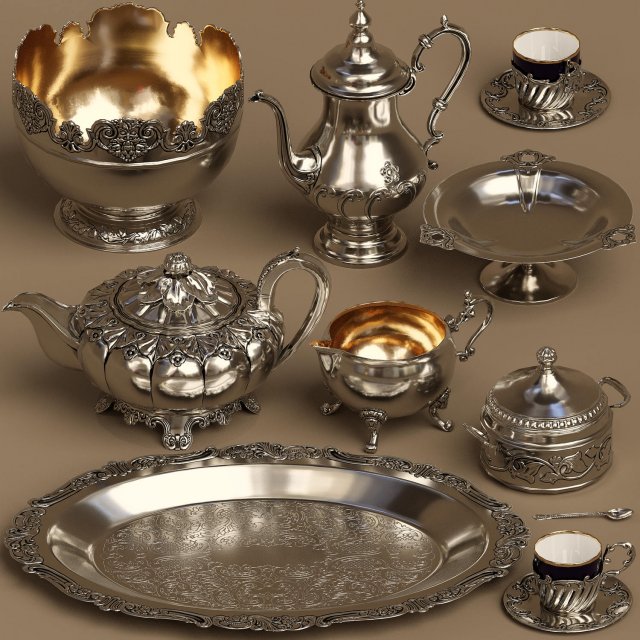 lowpoly silver service set 9 items Model 3D .c4d .max .obj .3ds .fbx .stl .blend 
