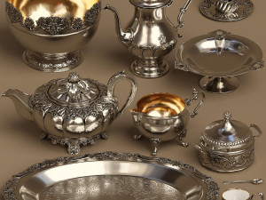 lowpoly silver service set 9 items Model 3D