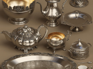 lowpoly silver service set 9 items Model 3D