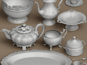 lowpoly silver service set 9 items Model 3D