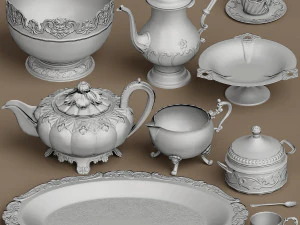 lowpoly zilveren serviesset 9-delig 3D Model