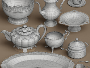 lowpoly silver service set 9 items Model 3D