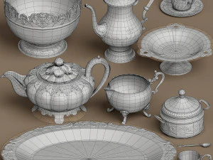 lowpoly zilveren serviesset 9-delig 3D Model