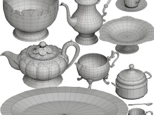 lowpoly silver service set 9 items Model 3D
