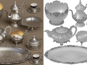 midpoly silver service set 9 items 3D Model